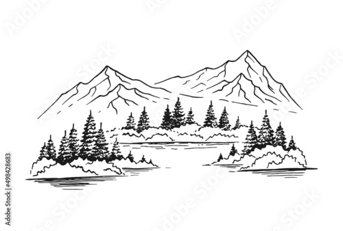 Mountain with pine trees and lake landscape. Hand drawn illustration converted to vector.