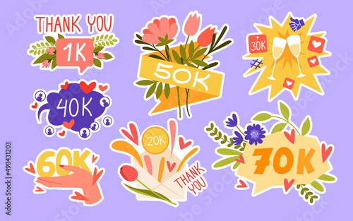 Set of celebrating thousand of followers stickers. Social media account, users subscription and likes, engaging content posting, influencer lifestyle cartoon vector illustration