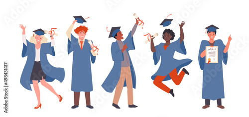 Happy graduates jump and dance together with joy vector illustration. Cartoon male and female students in gown and cap celebrate, group of cute boys and girls holding diploma isolated on white