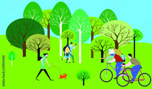 Spring landscape with Children wearing medical face mask having fun, boy sleeping with cat under the tree, kids doing yoga. Morning City new normal lifestyle of Children enjoying in city park