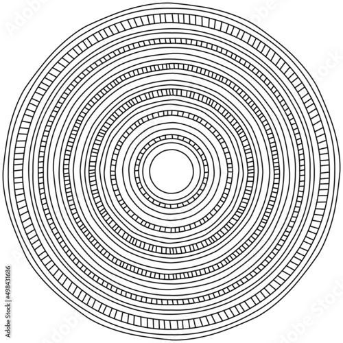 abstract mandala of round elements, antistress coloring page with striped motifs