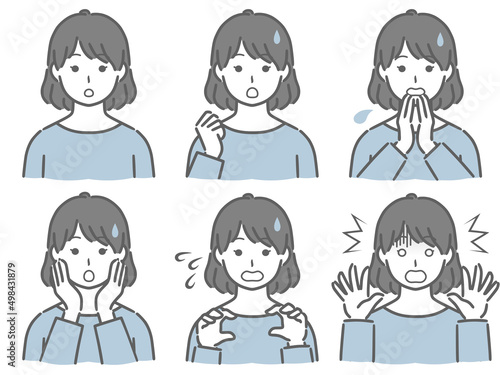 驚く表情の強弱　私服の若い女性