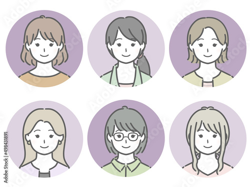 若い女性の丸アイコンセット（私服）