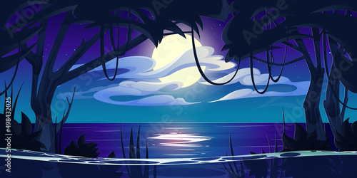 Night ocean landscape, full moon and stars shine in sky above water surface reflecting starlight and jungle trees with lianas. Tropical ocean seascape, dark heaven twilight, Cartoon vector background