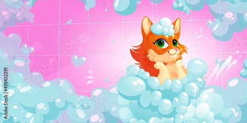 Cat washing procedure in bath, pets grooming service in spa salon, animal care. Funny kitten sitting in foam enjoying salon pampering in tub with shampoo and tiled wall, Cartoon vector Illustration