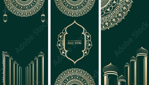 post design congratulations Eid al-Fitr. mosque illustration design Islamic ornament design.