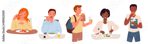 Wide set of people eating different foods. Fast food consumption, breakfast and lunch meal, takeaway dishes and drinks, cafeteria menu, healthy and unhealthy products cartoon vector illustration
