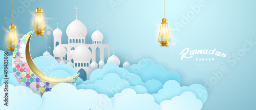 ramadan kareem background 3d color crescent moon background theme design vector banner illustration