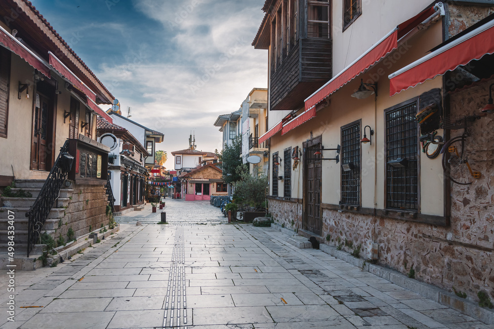 Ottoman houses on the main pedestrian street in Antalya Old Town Kaleici district, Turkey