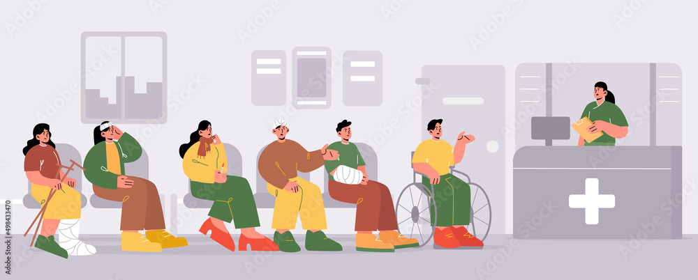 Patients waiting doctors appointment at clinic hallway. People wait in queue at hospital hall with reception desk. Sick persons at medical center interior, healthcare Line art flat vector illustration Patients waiting doctors appointment at clinic hallway. People wait in queue at hospital hall with reception desk. Sick persons at medical center interior, healthcare Line art flat vector illustration
