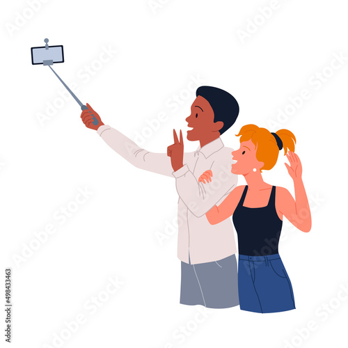 Couple people make selfie photo with stick vector illustration. Cartoon young happy hipsters holding monopod with smartphone, taking picture with camera in mobile phone on date isolated on white