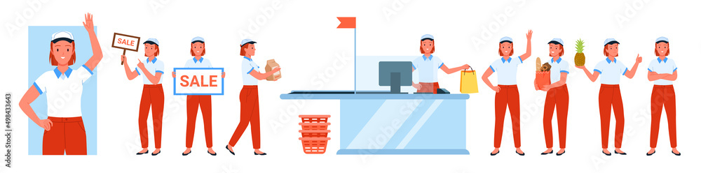 Female workers of supermarket, grocery store or showroom set vector illustration. Cartoon friendly saleswoman holding sale board and bag with food, young employee at checkout desk isolated on white