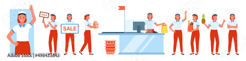 Female workers of supermarket, grocery store or showroom set vector illustration. Cartoon friendly saleswoman holding sale board and bag with food, young employee at checkout desk isolated on white