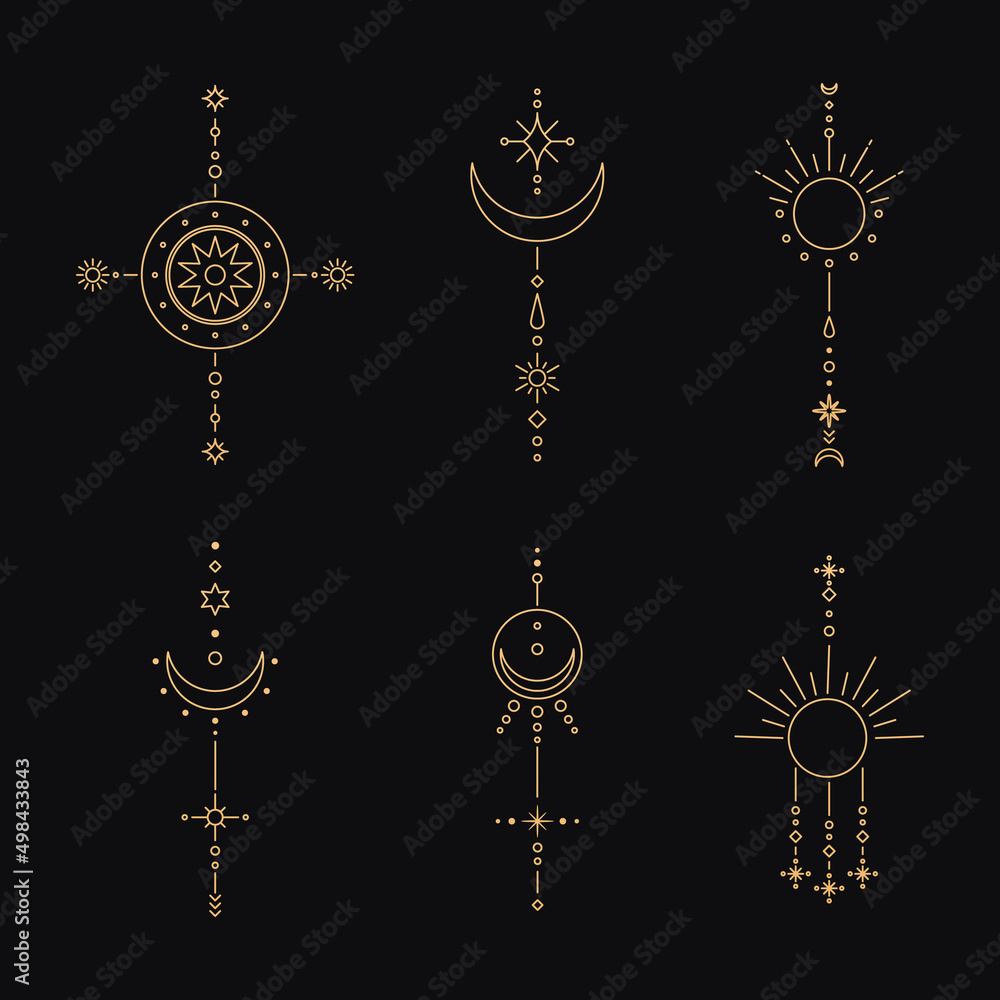 Set of moon and sun line art. Minimal boho linear symbols. Celestial mystic element. Vector line art illustration. Set of moon and sun line art. Minimal boho linear symbols. Celestial mystic element. Vector line art illustration.