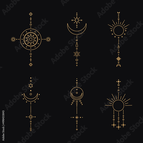 Set of moon and sun line art. Minimal boho linear symbols. Celestial mystic element. Vector line art illustration.