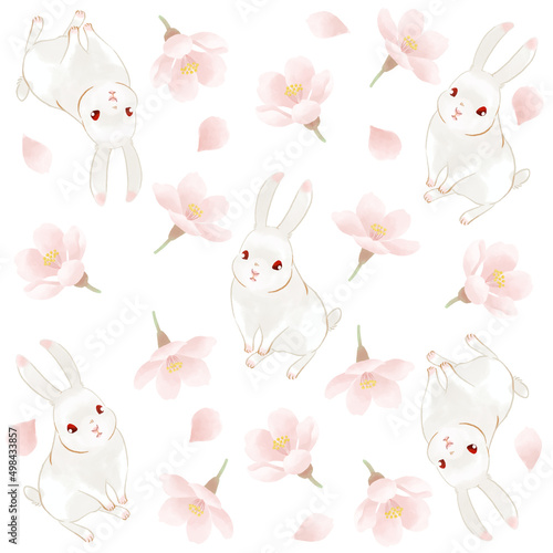 手描きで描かれたウサギと桜のパターン素材／Rabbit and cherry blossom pattern material drawn by hand