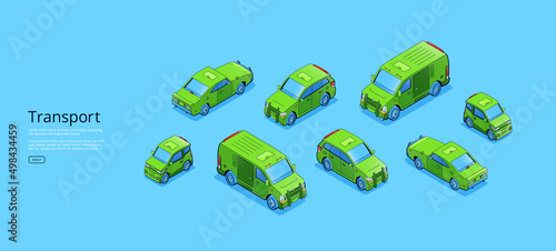 Transport isometric web banner, different city transportation car, bus, minivan, sedan or coupe automobiles. Vehicles dealership, sale or exhibition, rental agency business, 3d vector line art concept
