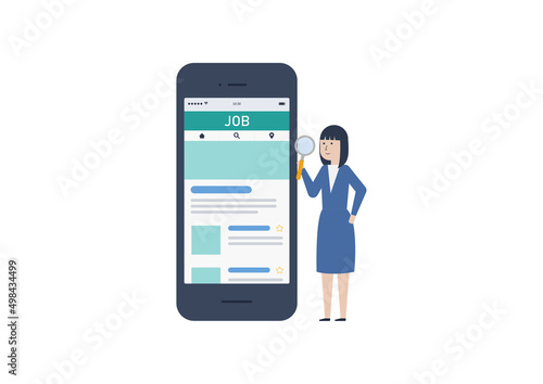 スマートフォンで仕事を探す若い日本人女性のイラスト｜mayucolor03