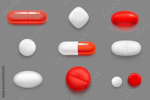 Pills, tablets and drug medicines, red and white capsules with granules. Oval, rhombus and round medicament painkillers, antibiotics, contraception, bio active additives, Realistic 3d vector set