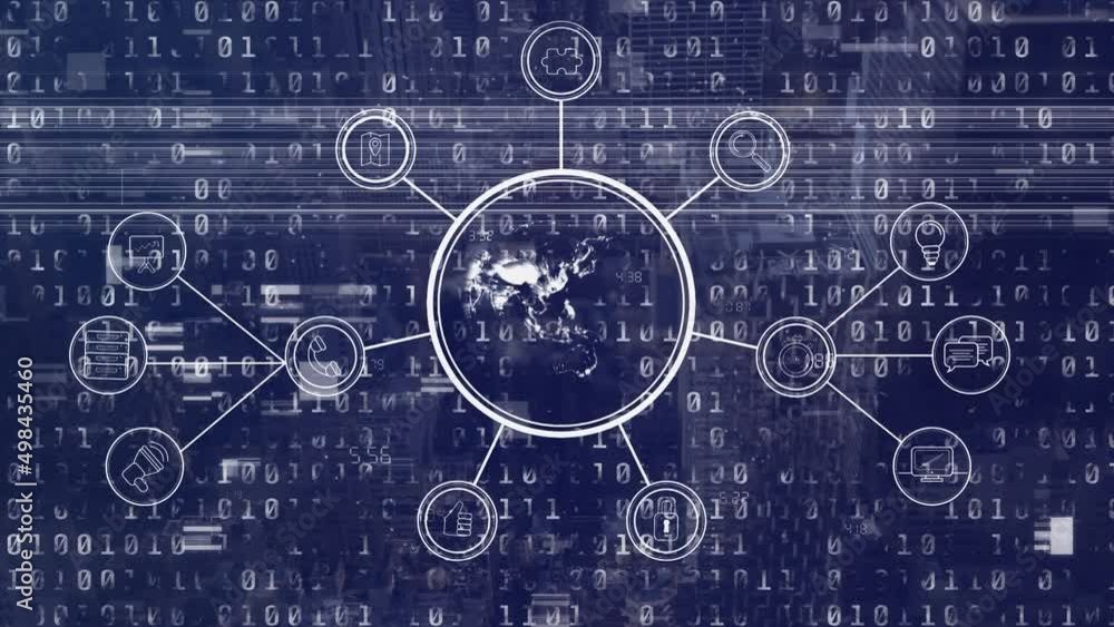 Animation of data processing with globe on blue background Animation of data processing with globe on blue background