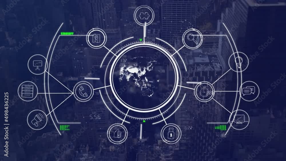 Animation of data processing with globe over cityscape Animation of data processing with globe over cityscape