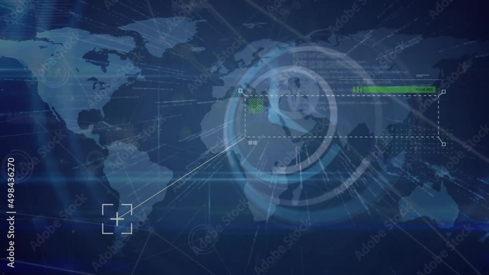 Animation of clock moving and data processing over world map Animation of clock moving and data processing over world map