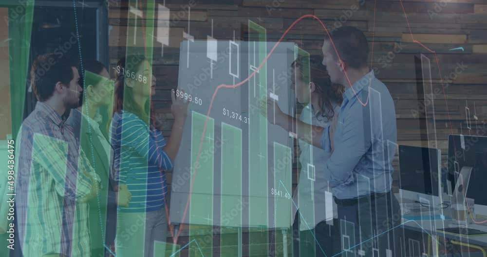 Animation of financial data processing over diverse business people Animation of financial data processing over diverse business people