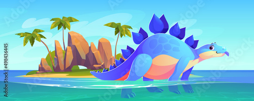 Stegosaurus dinosaur stand in sea water on tropical island background with palm trees. Prehistoric wild animal, jurassic period ancient creature. Paleontology dino monster, Cartoon vector illustration