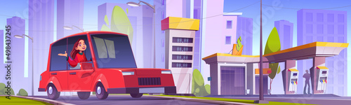 Girl driver on car refueling station, gas refill, gasoline filling service. Woman sitting in automobile near petrol shop building facade, fuel selling for urban vehicles, Cartoon vector illustration