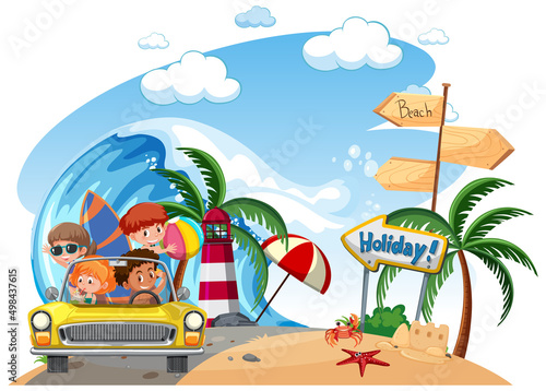 Vacation roadtrip on the beach with many children