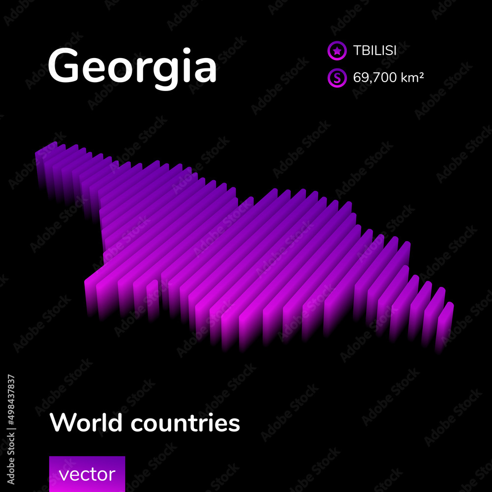 Georgia 3D map. Stylized striped vector isometric Map of Georgia is in violet colors on black background. Educational banner.