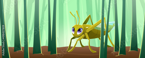 Cartoon grasshopper, cute green cricket or locust character with big eyes and antennas Small insect sitting on field with grass stems. Cheerful smiling bug book or game personage, Vector illustration