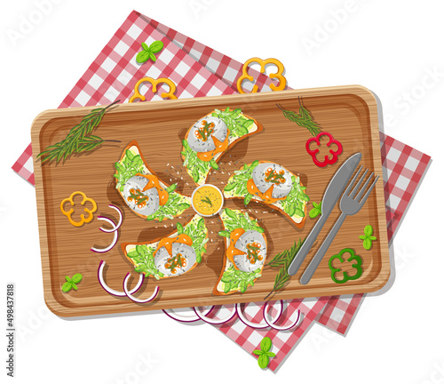 Top view of bruschetta on a wooden tray