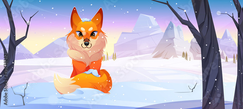 Cartoon fox in winter forest, beautiful wild animal with ginger fur on nature background with falling snow, bare trees and mountain peak. Wood landscape with zoological character, Vector illustration