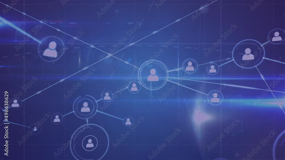 Animation of network of connections with icons over blue background Animation of network of connections with icons over blue background