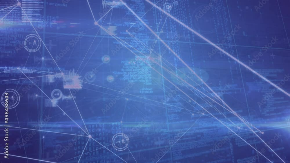 Animation of network of connections and data processing over blue background Animation of network of connections and data processing over blue background