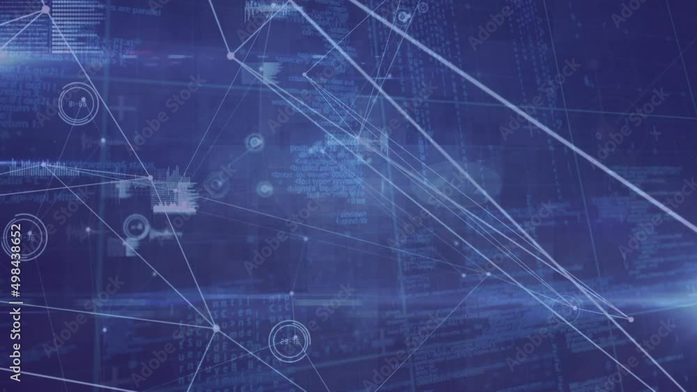 Animation of network of connections and data processing over blue background Animation of network of connections and data processing over blue background