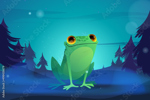 Cartoon frog in night forest. Wild funny toad with green skin, amphibians animal at wildlife environment. Vector illustration for kids book or game, zoology child education, fauna character in nature