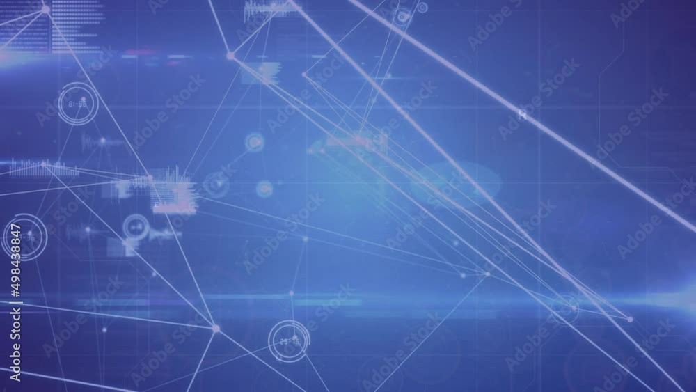 Animation of network of connections and data processing over blue background Animation of network of connections and data processing over blue background
