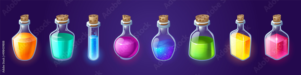 Bottles with magic potion, alchemy elixir or poison. Vector cartoon set of glass jars, vials and flasks with corks and different color liquid potions isolated on blue background Bottles with magic potion, alchemy elixir or poison. Vector cartoon set of glass jars, vials and flasks with corks and different color liquid potions isolated on blue background