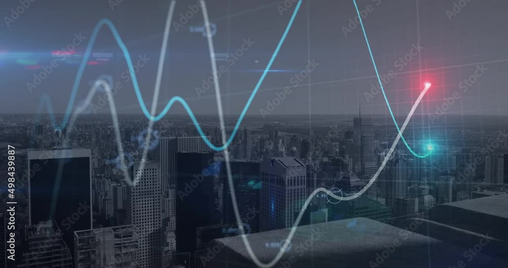 Animation of financial data and statistics processing over city background Animation of financial data and statistics processing over city background