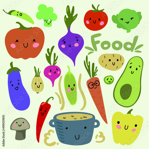 Set of cute funny characters fresh healthy vegetables isolated. Organic vegan farm veggies. Healthy lifestyle.