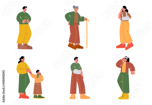 Set of sick people, characters with pain, flu, broken arm, headache and stomachache. Vector cartoon illustration of diseases and injuries. Person with plaster cast, boy with cough and elder woman