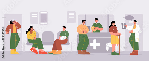 Sick people waiting in hospital hall. Characters with flu, injury, and stomach ache in queue. Vector cartoon illustration of medical clinic reception interior with doctor and patients