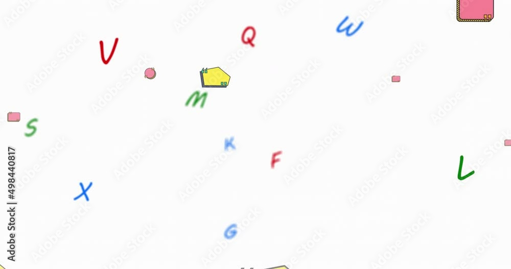 Digital animation of colorful letters and blank text banners floating against white background Digital animation of colorful letters and blank text banners floating against white background