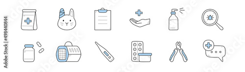 Veterinary clinic doodle icons pet with bandaged ear, bag with cross, prescription and hand, sprayer bottle, mite under magnifier, medical pills and bottle, thermometer, clippers, Linear vector set