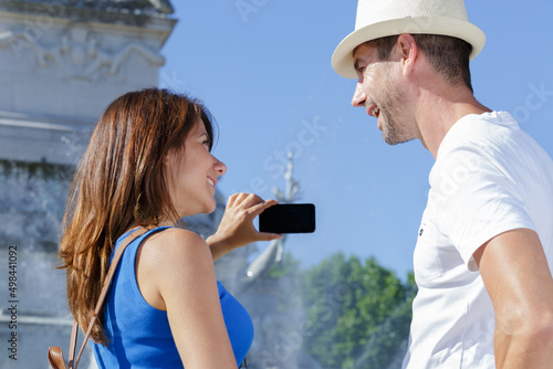 handsome couple tourist take selfie photo