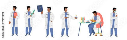 Doctor, hospital healthcare staff at work. Medic male character in white robe in lab. Medicine employee hold stethoscope, clipboard, xray and pills bottle, Cartoon linear flat vector illustration, set