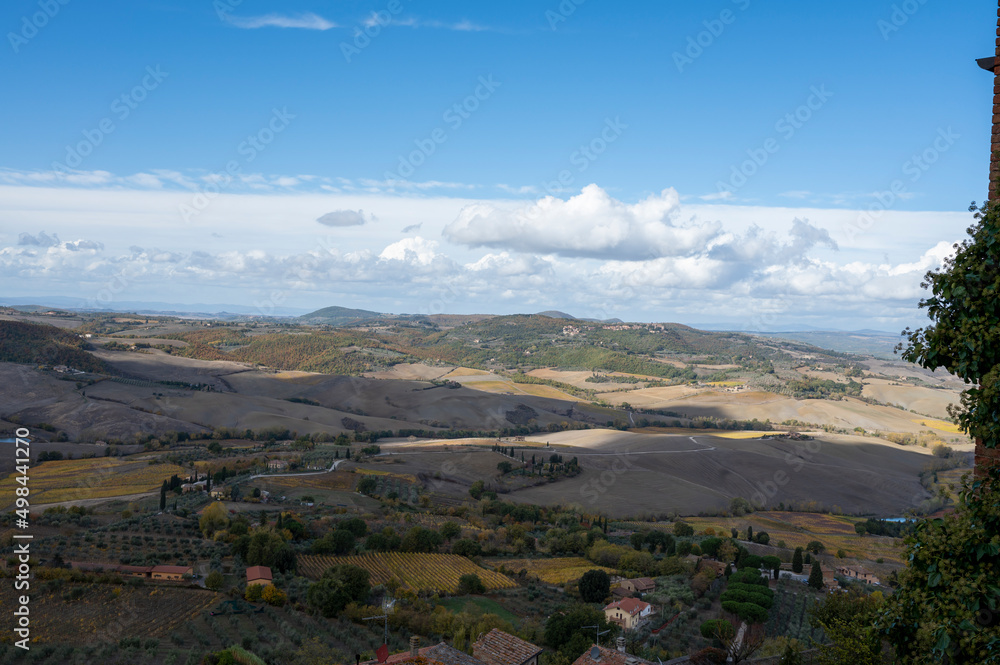 View on hills and vineyards near old town Montepulciano, Tuscany, Italy