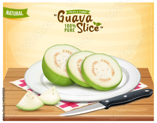 Half piece of Guava vector illustration with Guava slices on a wooden chopping board